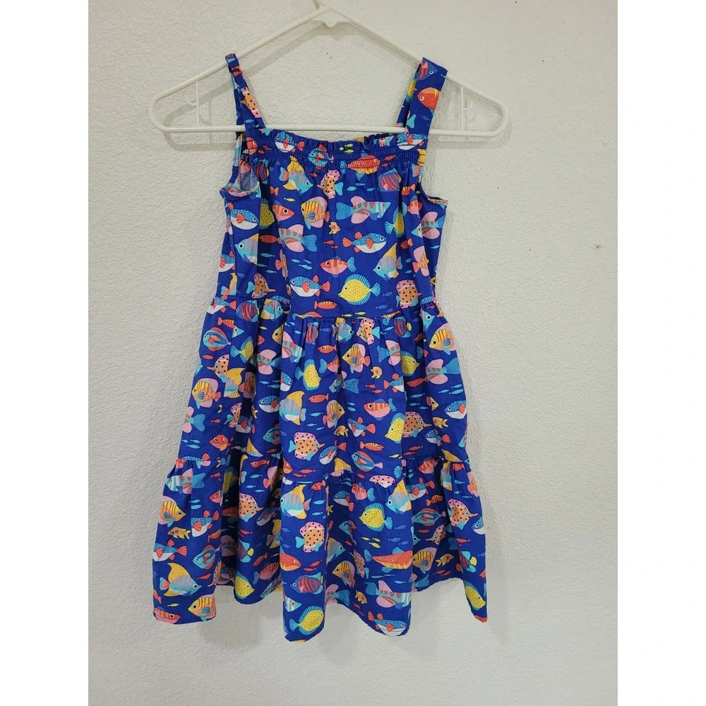 Gymboree Girls Size 8 Blue Fish Print Ruffle Midi Dress‎ Cotton Ocean #5